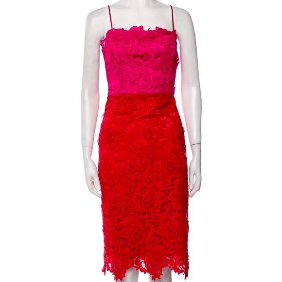 MILLY Elegant Floral Lace Dress in Pink and Red
Size 6